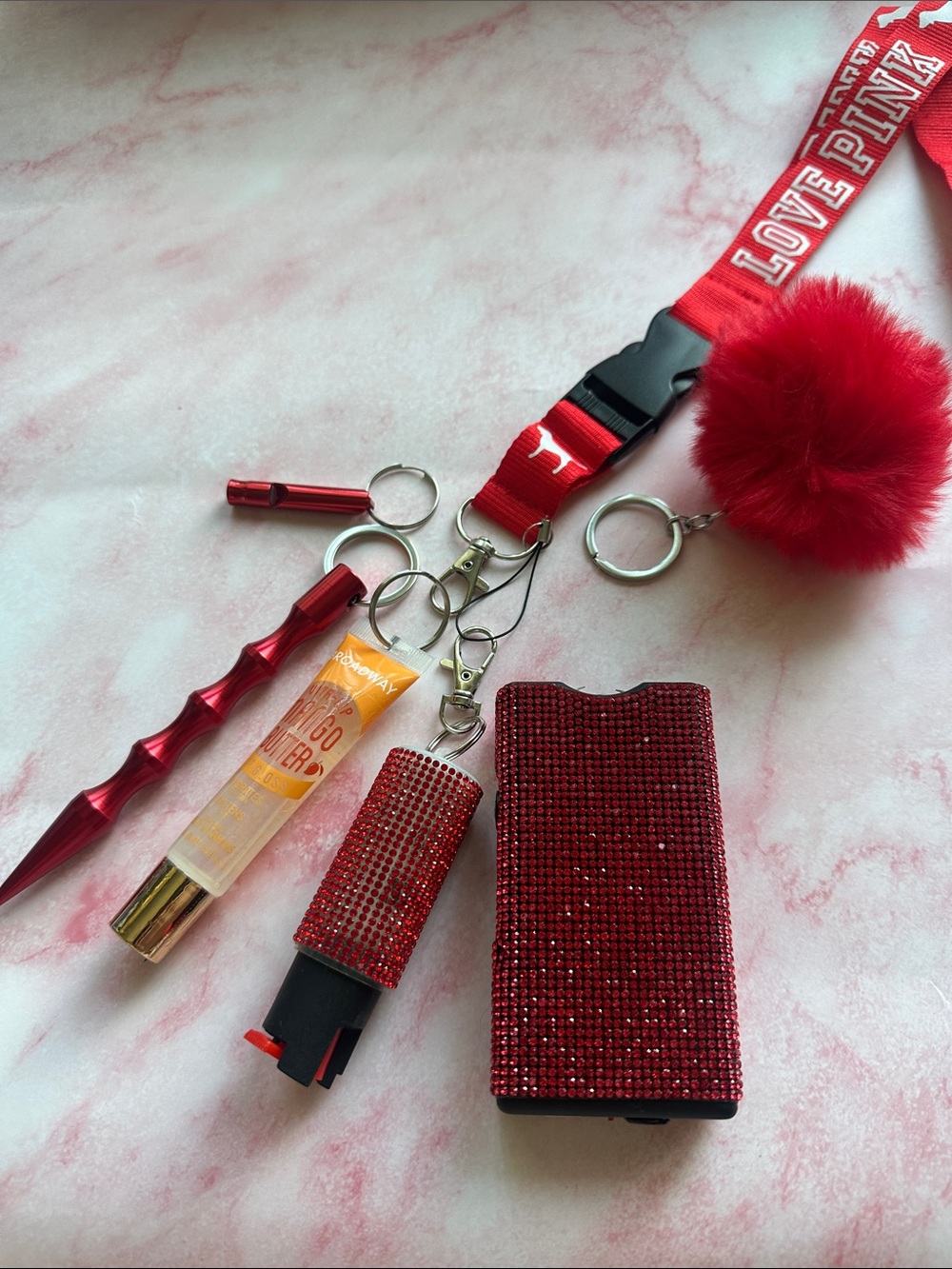 Red Rhinestone Phone Charger Keychain with Pom Pom Lanyard